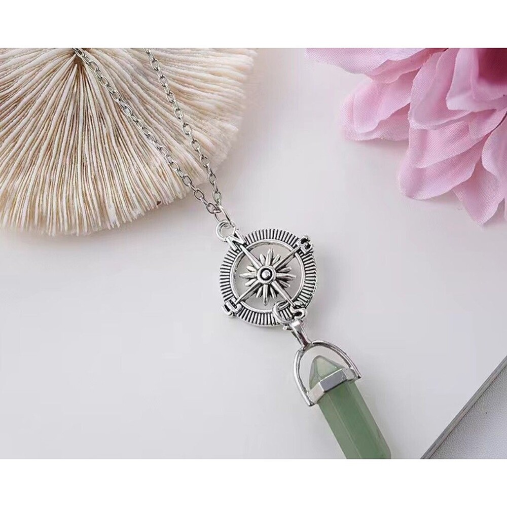 Natural Advertine Obelisk Quartz Stone Healing Compass 16" Neclace Zinc Alloy